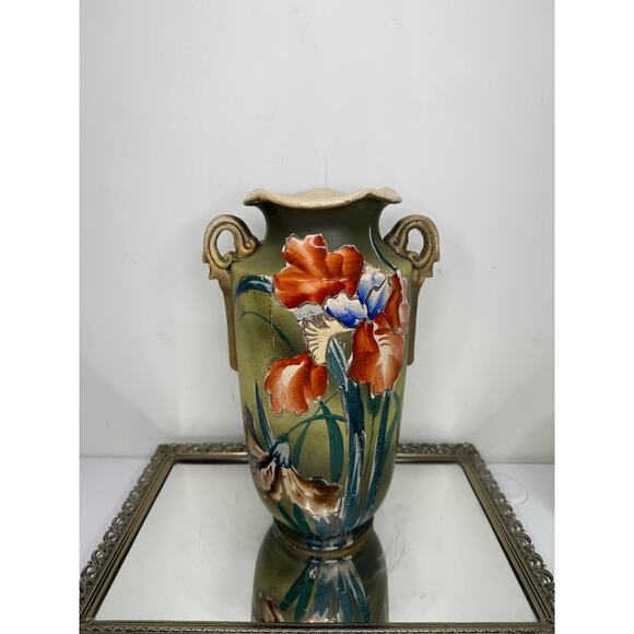 Stunning Large Antique Asian Handpainted Pottery Vase Ruffle Rim Handles Raised - Picture 3 of 10